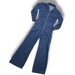 Vintage 1970s Sears Denim Jumpsuit Talon Zip Wide Leg Boiler Suit Women’s Large